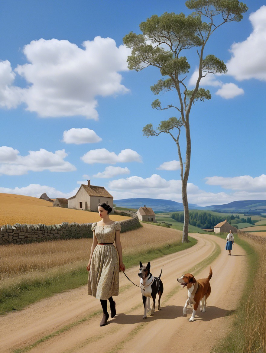 Countryside Scene with Woman Walking Dogs and Cottages