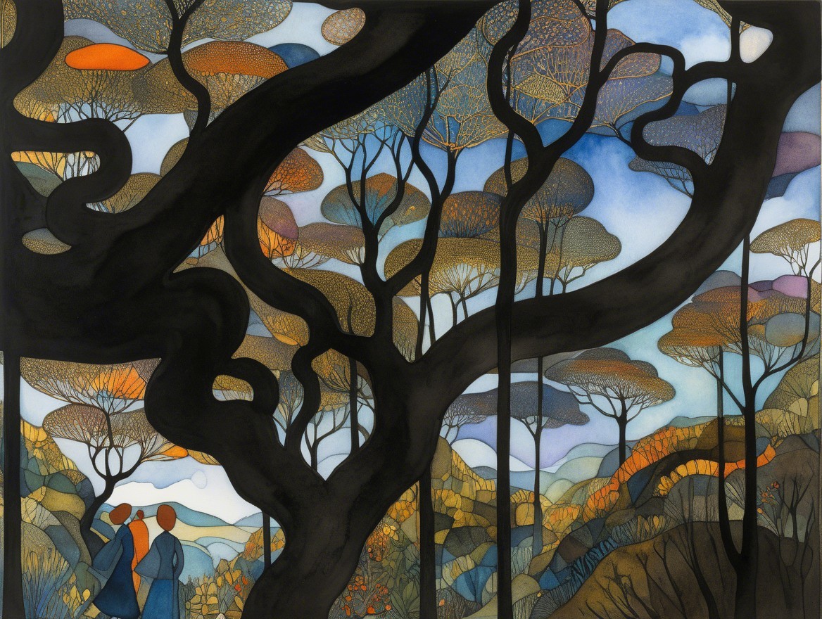 Vibrant Landscape with Figures and Colorful Foliage