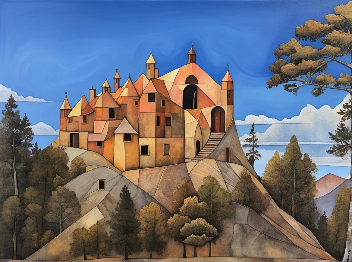 Whimsical Castle on Rocky Hill with Stylized Trees