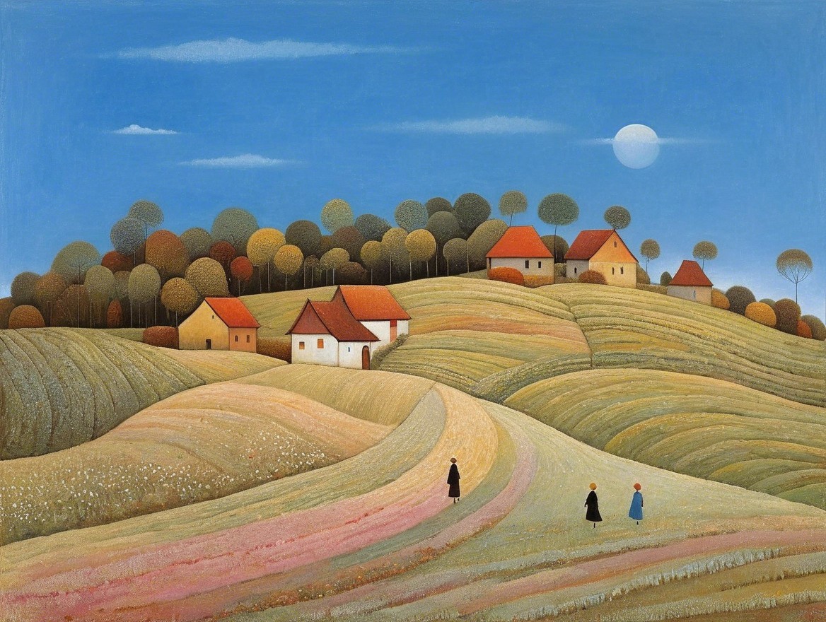 Serene countryside landscape with colorful fields and hills