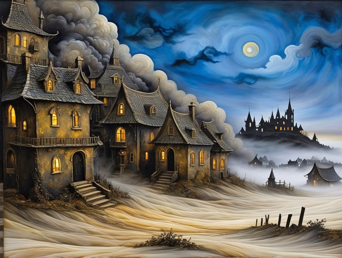 Mysterious Landscape with Dark Houses and Fog