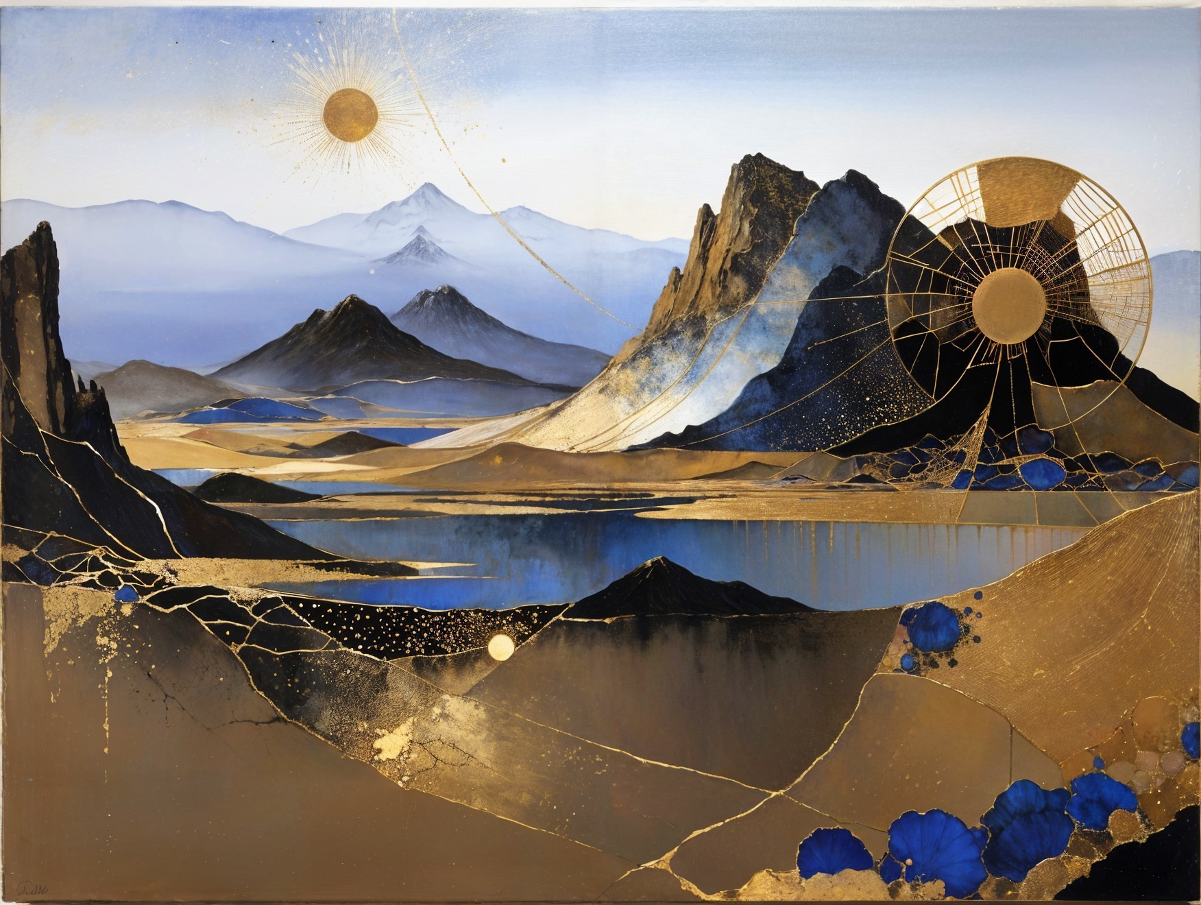 Abstract Landscape with Mountains and Serene Lakes