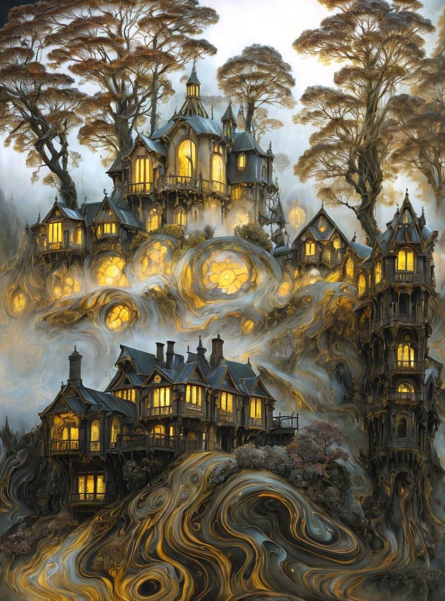Whimsical Landscape with Intricate Mansions and Trees