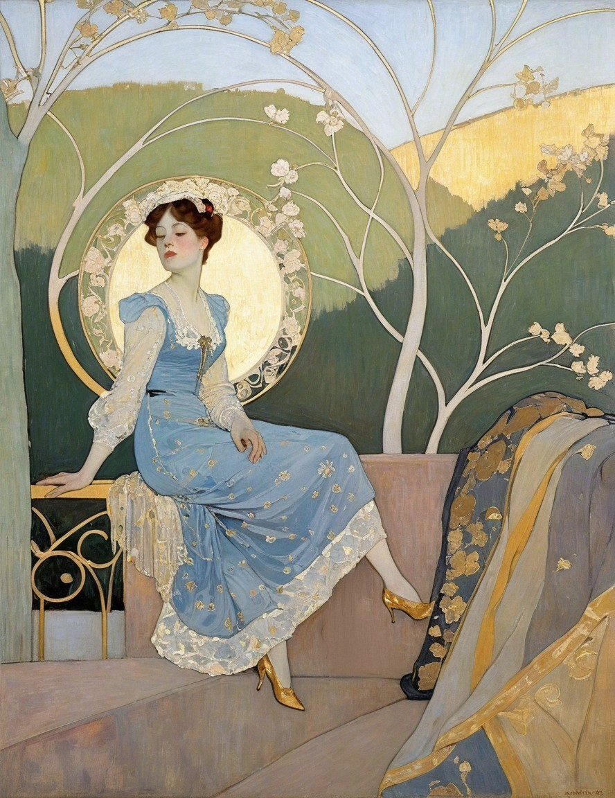 Elegant Woman in Light Blue Floral Gown with Nature Background