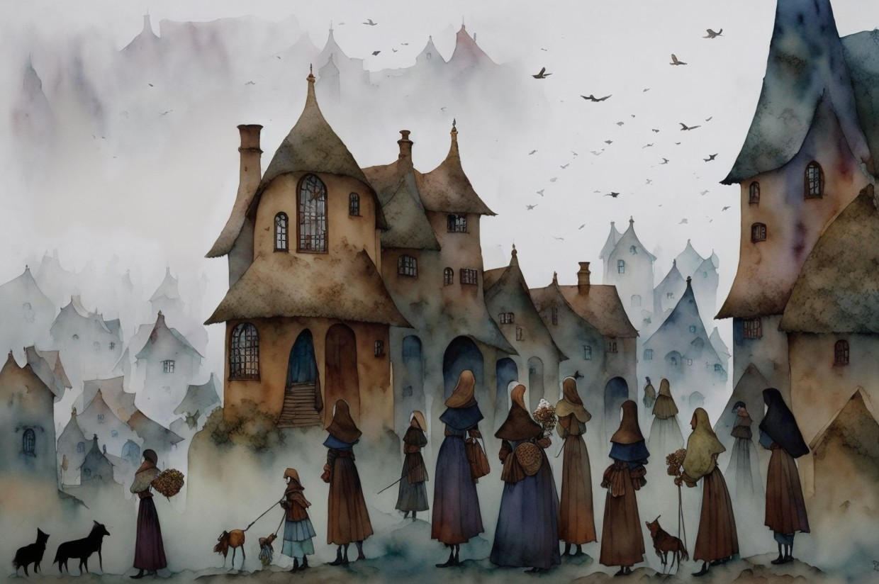 Whimsical Village Scene with Mist and Unique Houses