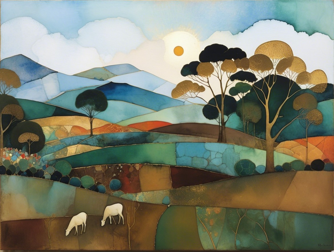 Serene Landscape with Grazing Sheep and Sunrise