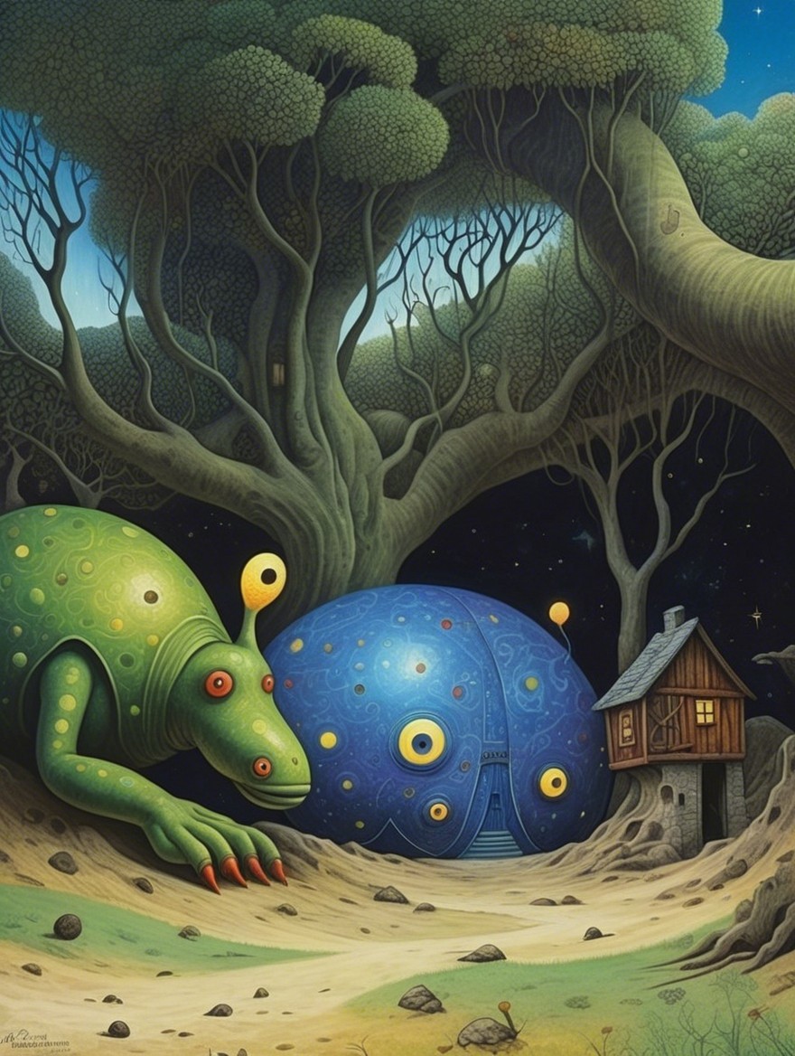 Surreal Landscape with Giant Creature and Whimsical Dome