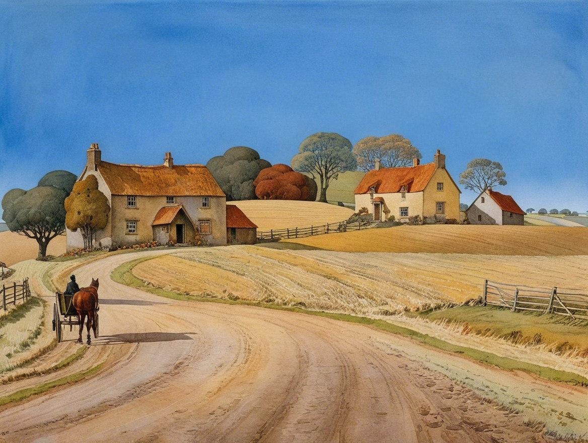 Serene Rural Landscape with Cottages and Fields