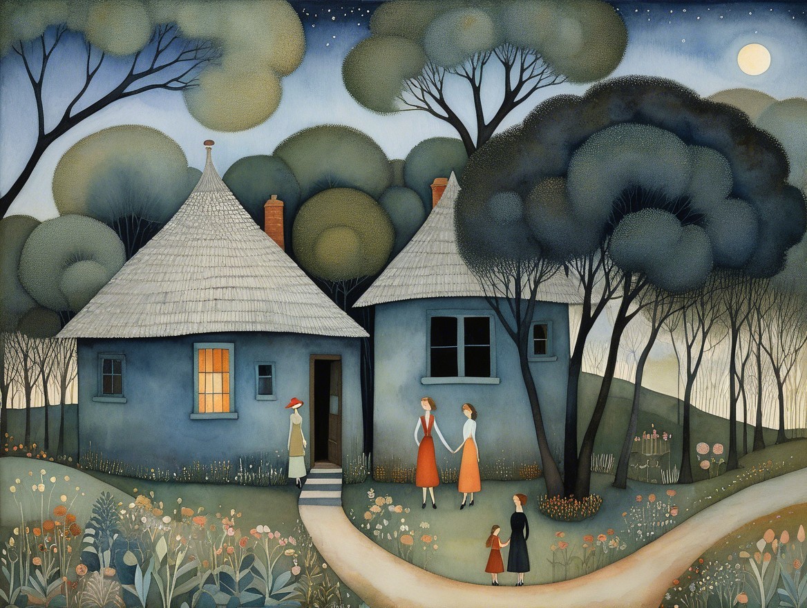 Serene Countryside Scene with Quaint Houses and Twilight Sky