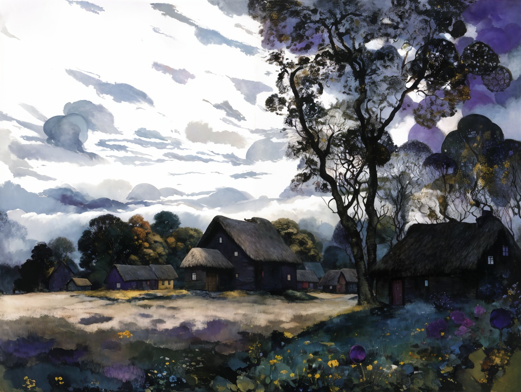 Serene Countryside Scene with Rustic Cottages and Hills