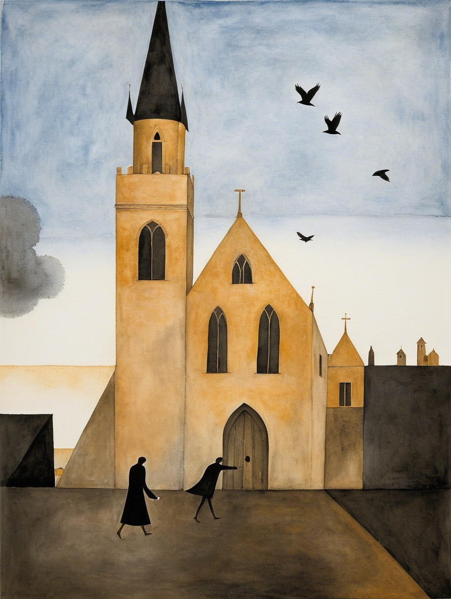 Serene Landscape with Church and Figures Walking