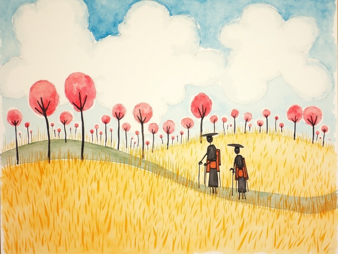 Traditional Attire Figures in Golden Grassy Landscape