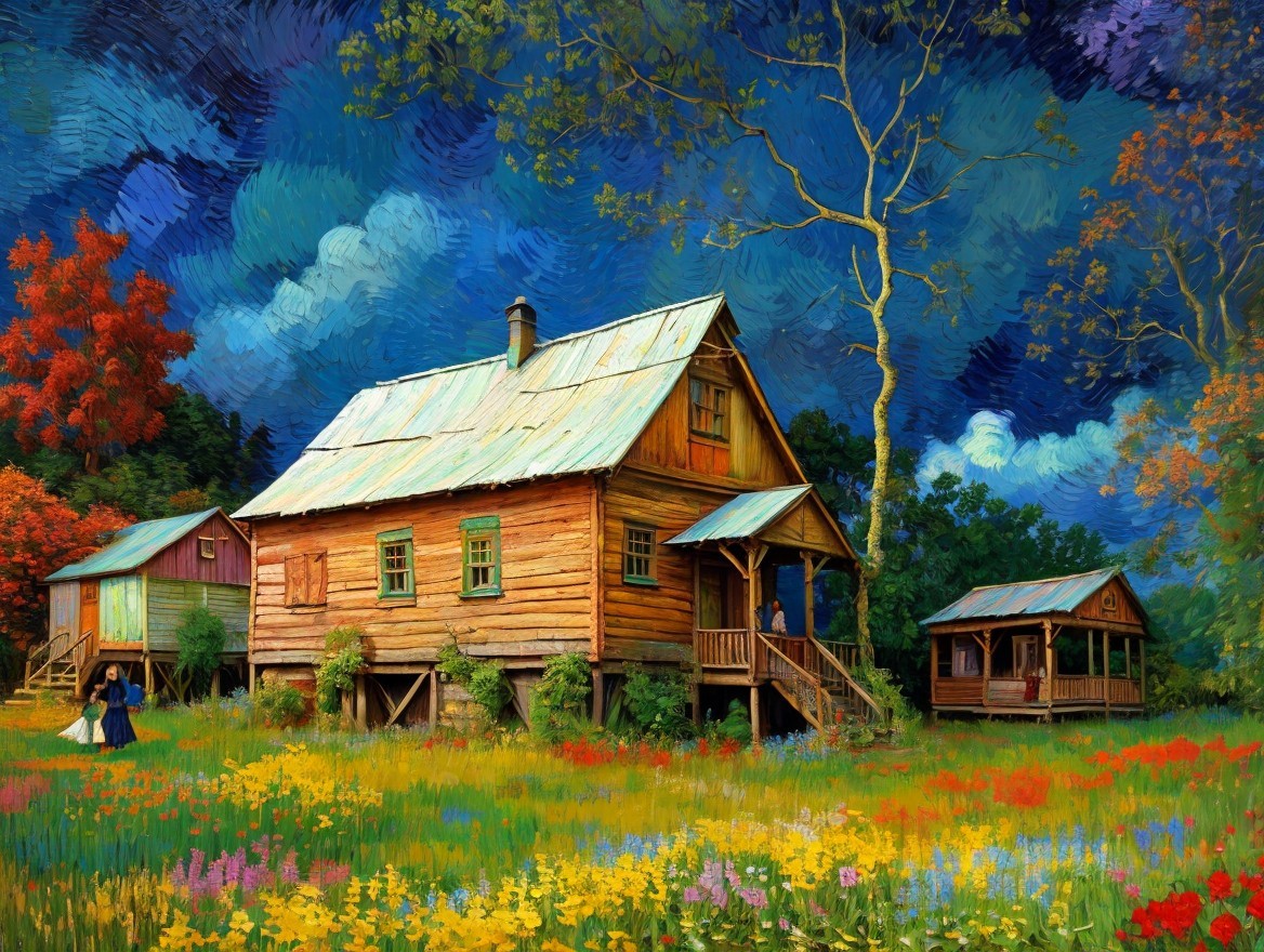 Serene Countryside Scene with Quaint Wooden House