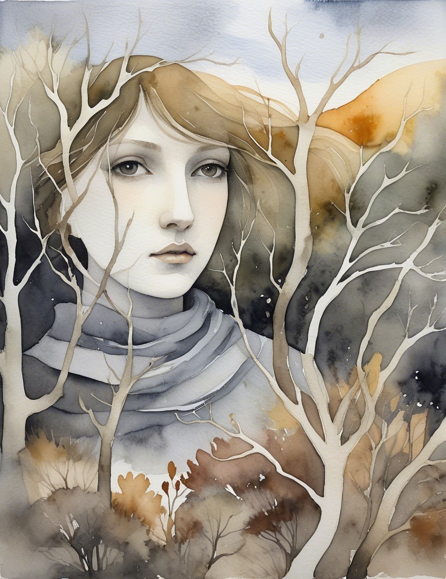 Watercolor Painting of Woman Among Bare Tree Branches