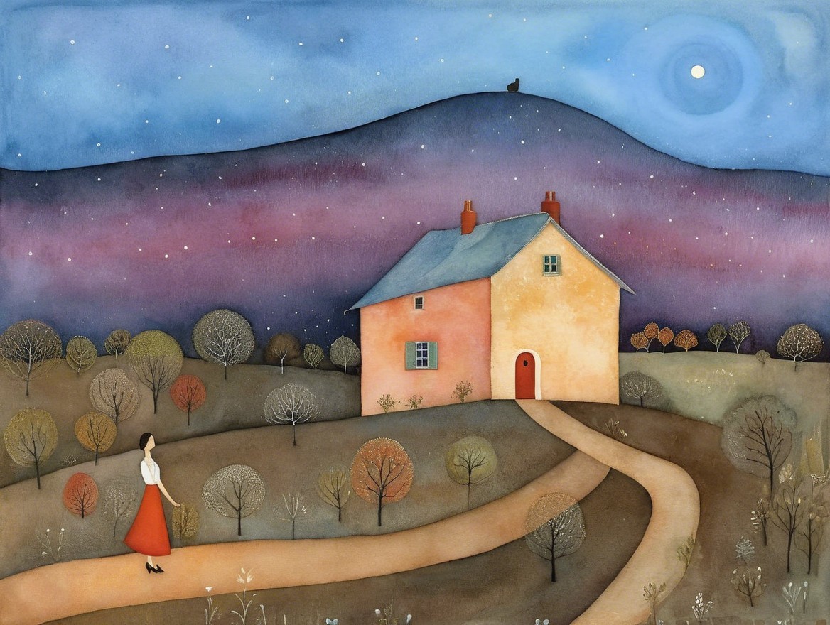 Whimsical Twilight Landscape with Cozy House and Figure