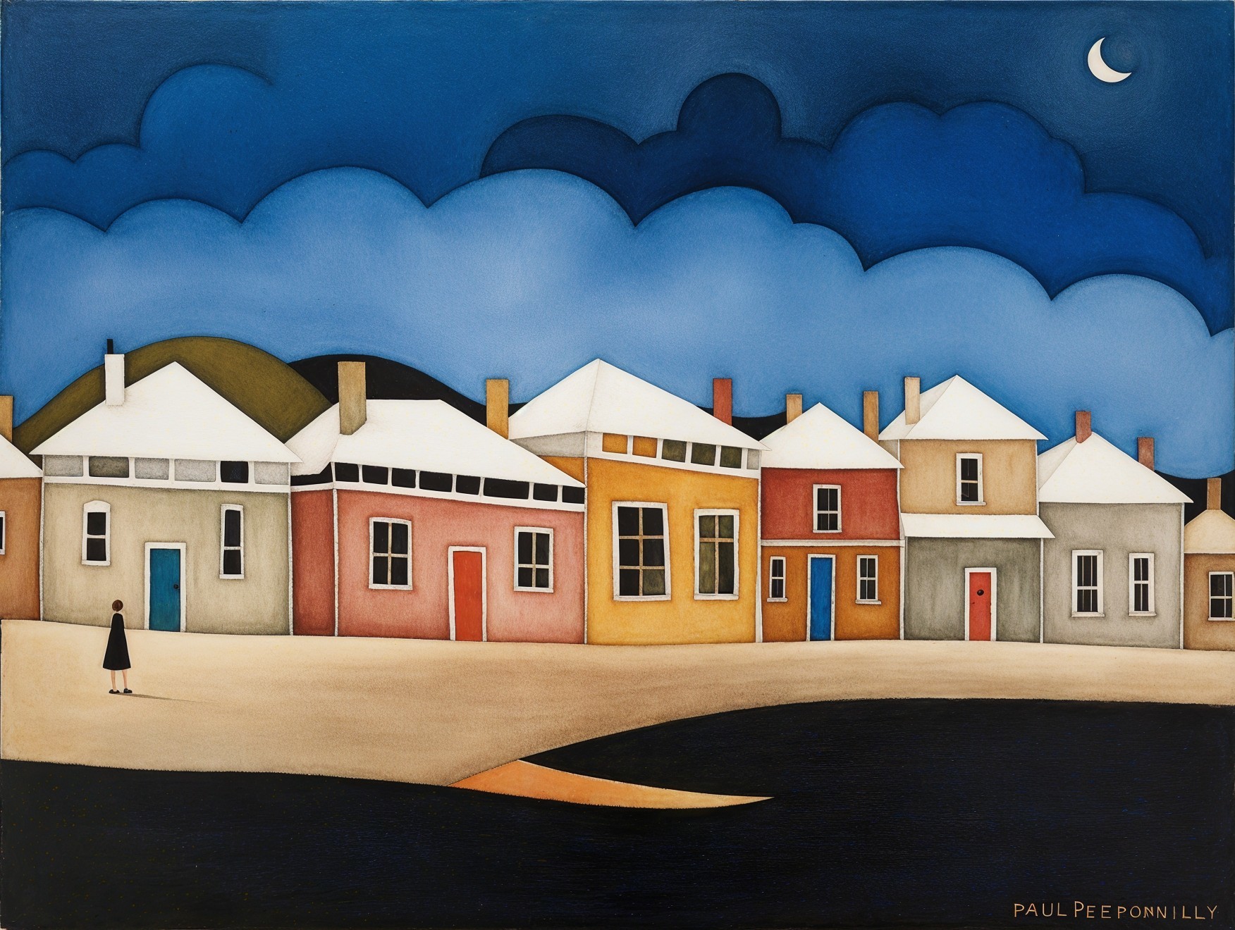 Tranquil Evening Scene with Colorful Houses and Moon