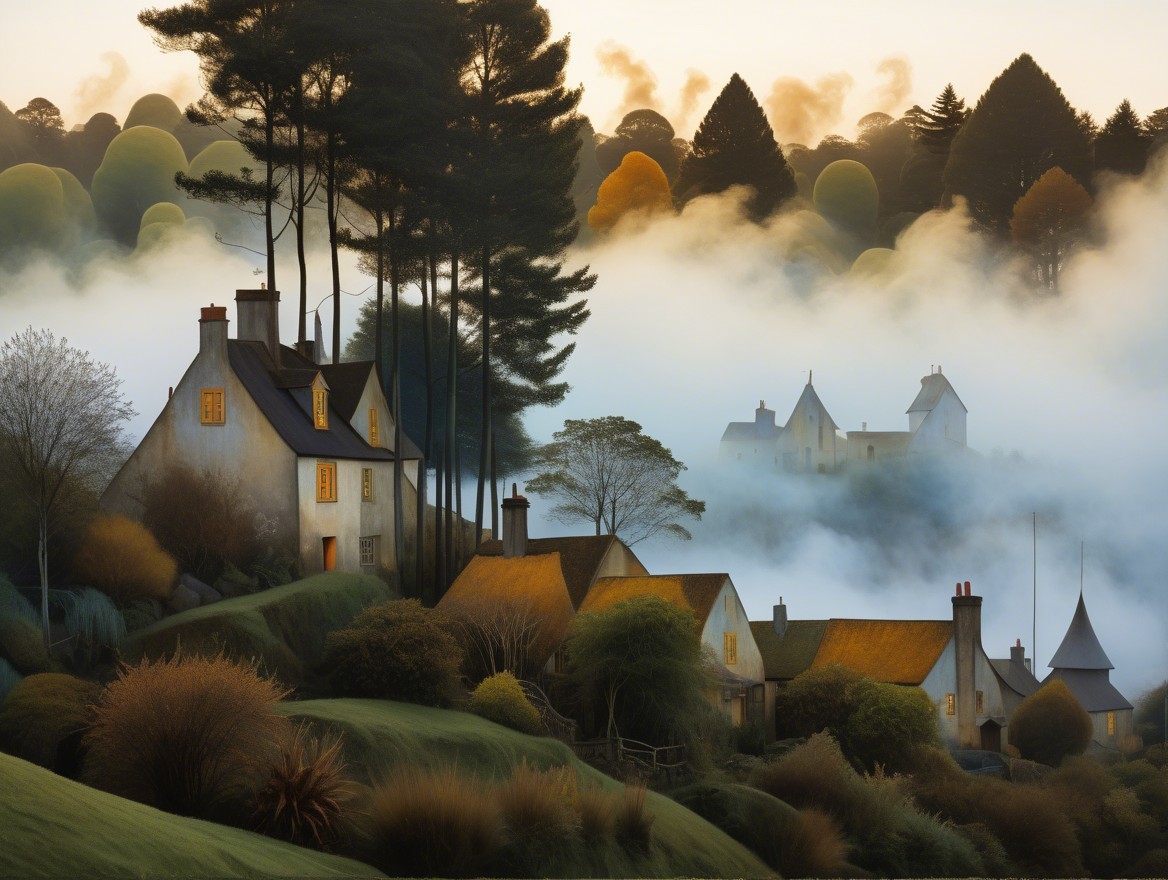 Serene Landscape with Quaint Houses and Rolling Hills