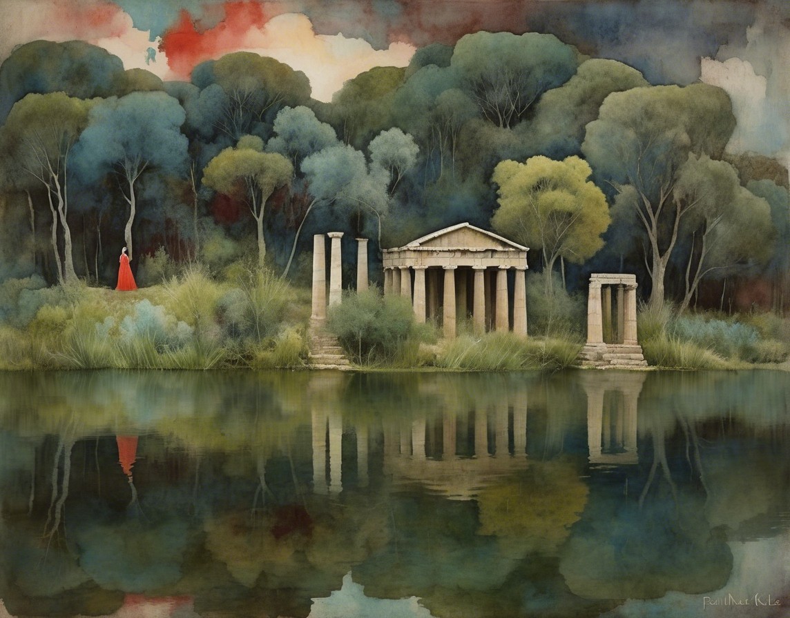 Tranquil Lake Landscape with Ancient Ruins and Figure
