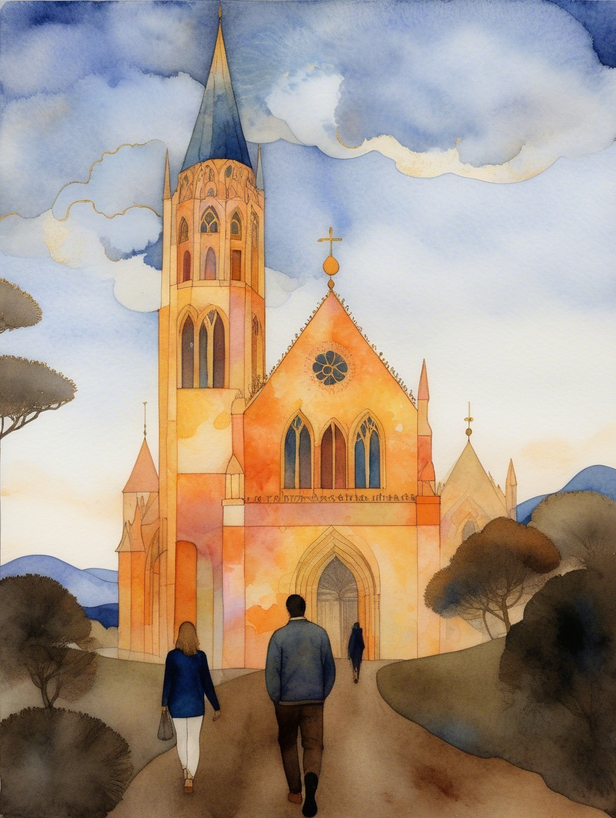 Serene landscape with ornate church and soft watercolors