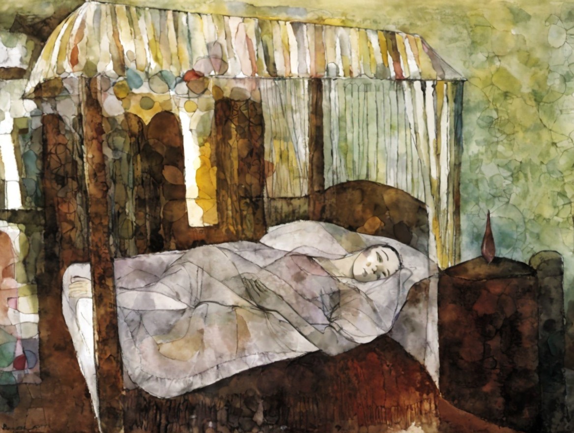 Serene Bedroom Scene with Canopy Bed and Soft Colors