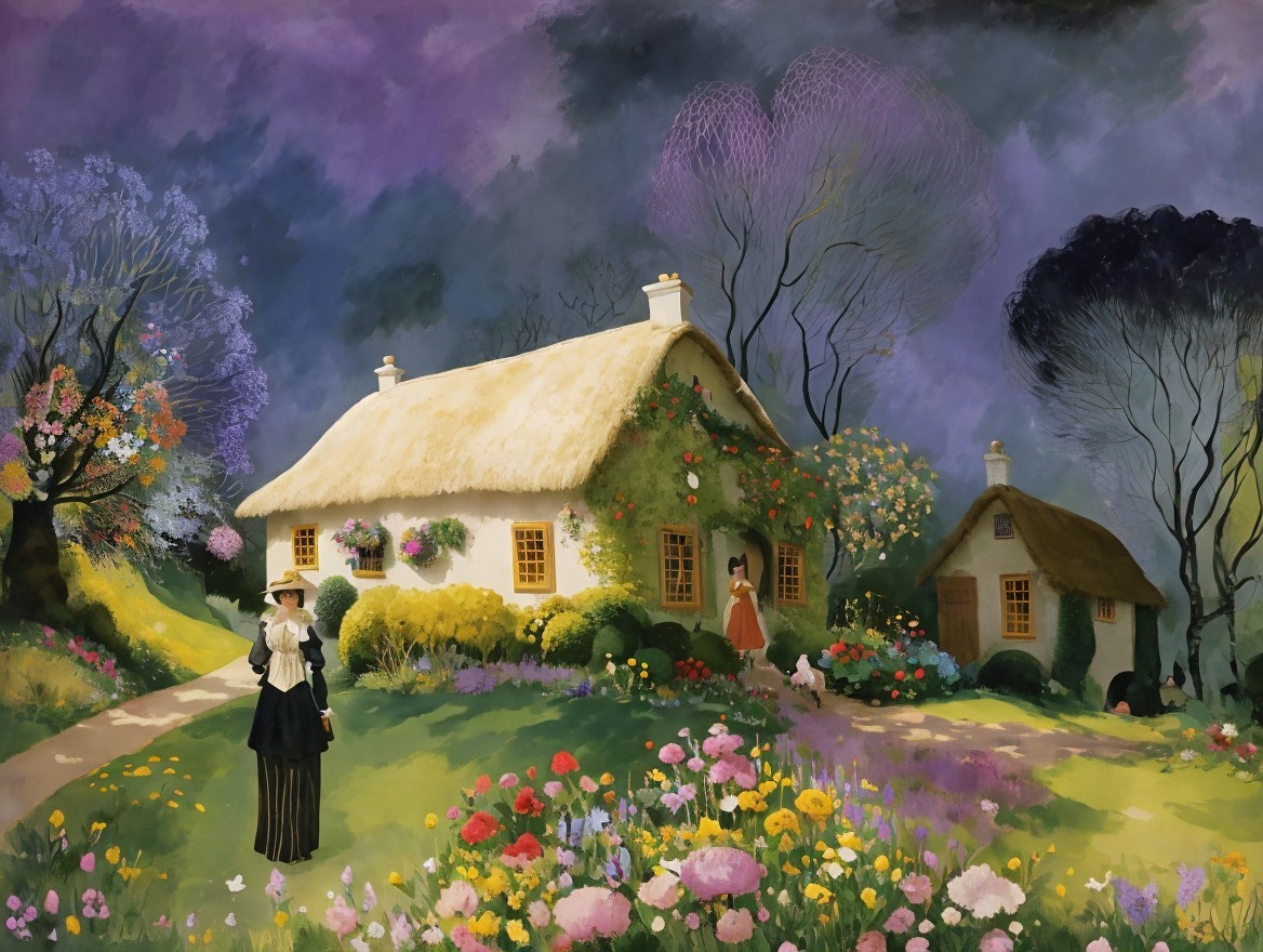 Charming Cottage Surrounded by Vibrant Garden and Sky