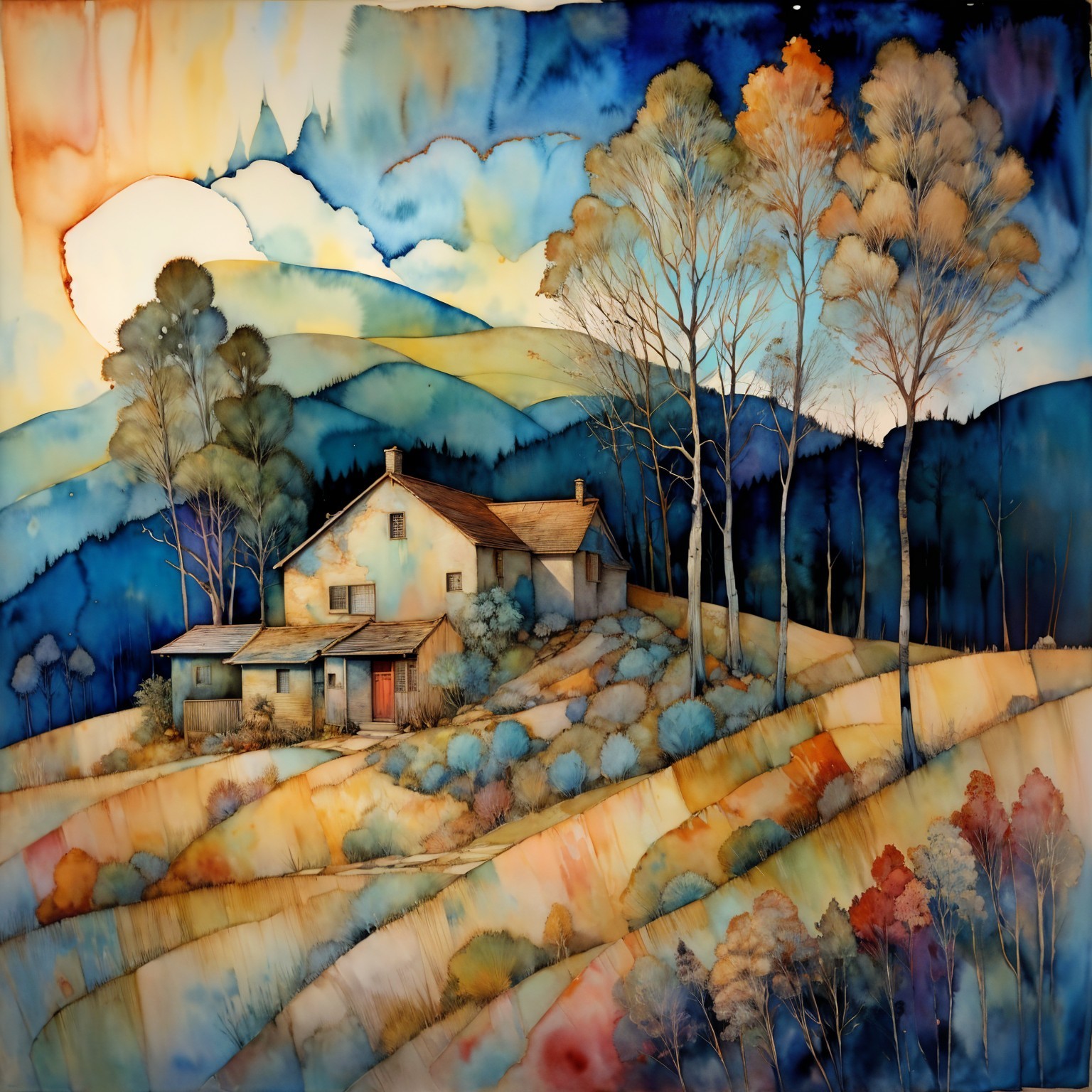 Serene Landscape with Quaint House and Autumn Colors