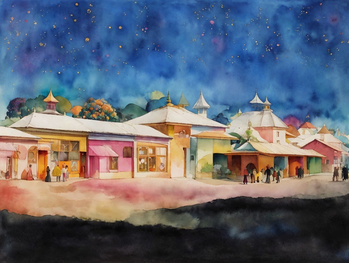 Vibrant Nighttime Street Scene in Watercolor Painting