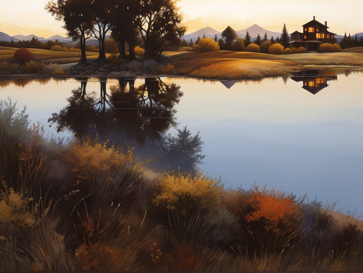 Tranquil Lake and Cozy House in Autumn Landscape
