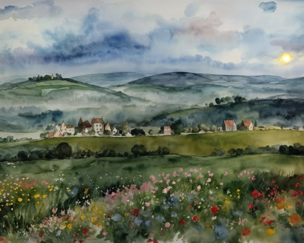 Serene Landscape with Green Hills and Wildflower Meadow