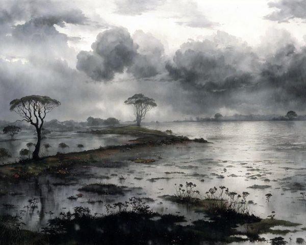 Serene Landscape with Water and Dramatic Sky