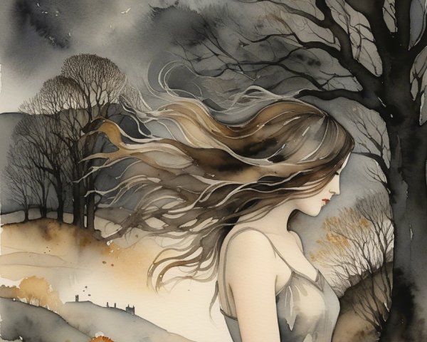 Solitary Figure in a Muted Watercolor Landscape