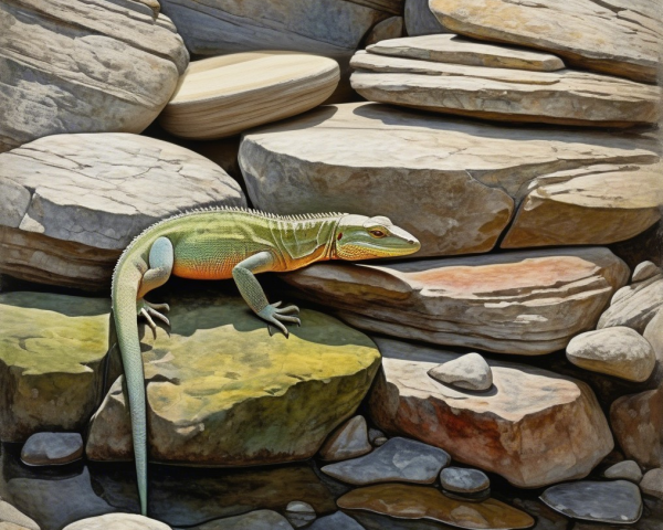 Lizard on Multicolored Stones by Riverbank