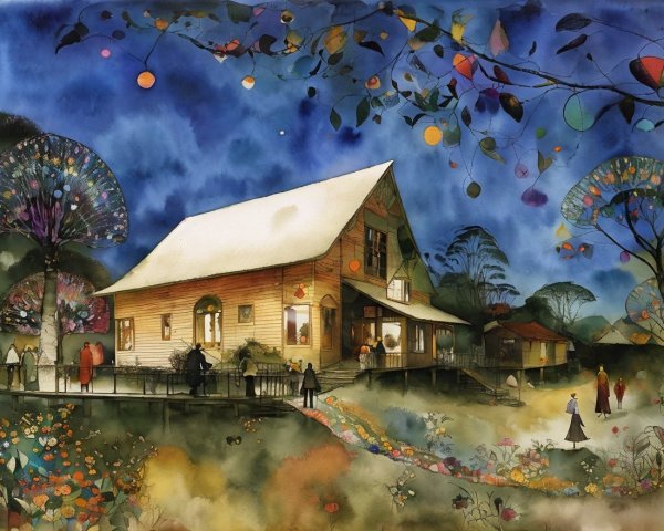 Wooden House at Night with Colorful Trees and Flowers