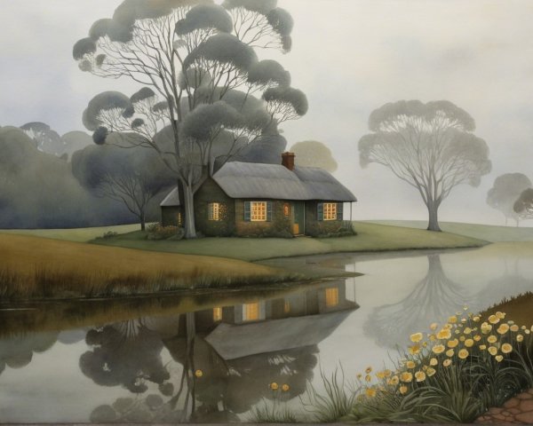 Watercolor Landscape of Cottage by Calm Pond