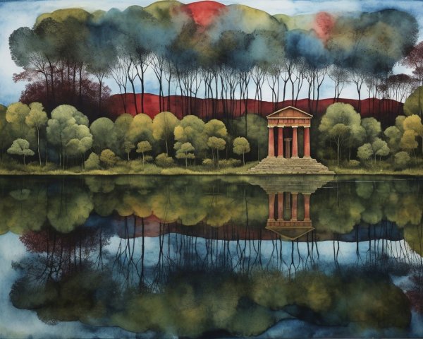 Classical Temple Surrounded by Autumn Foliage Reflection