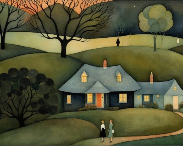Serene Landscape with House and Figures at Dusk