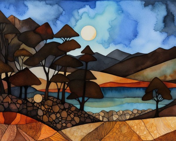 Serene landscape painting with stylized trees and colors