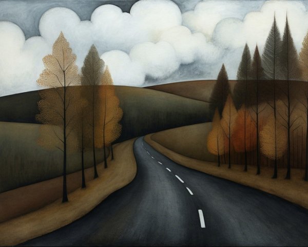Serene Landscape with Winding Road and Autumn Trees