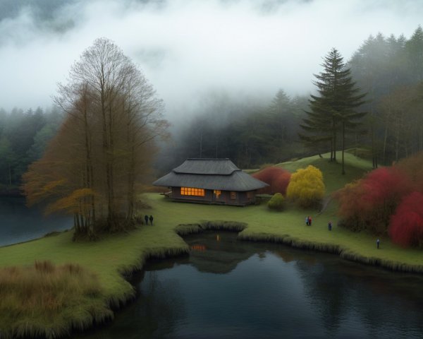 Traditional House by Serene Lake in Autumn Foliage