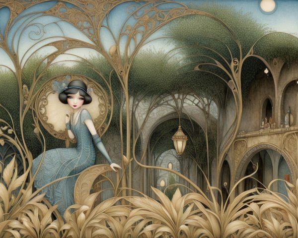 Elegant Woman in Flapper Dress Surrounded by Foliage