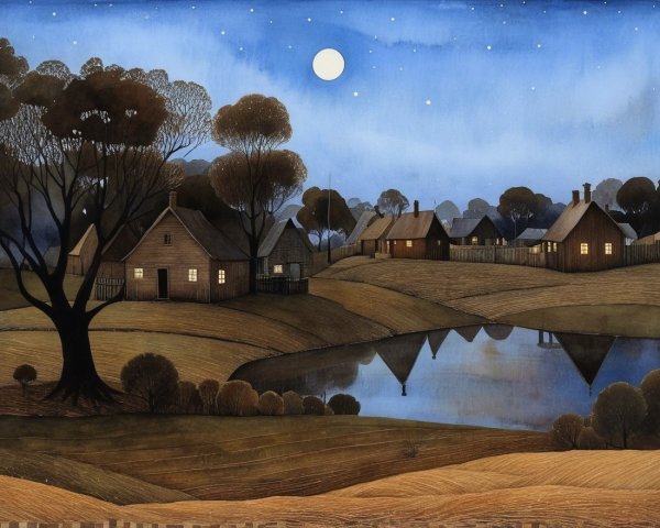 Tranquil Nighttime Rural Landscape with Starry Sky