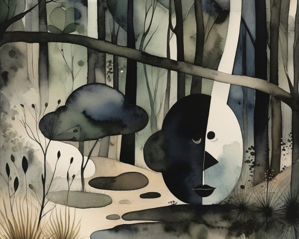 Whimsical Forest Scene with Abstract Shapes and Colors