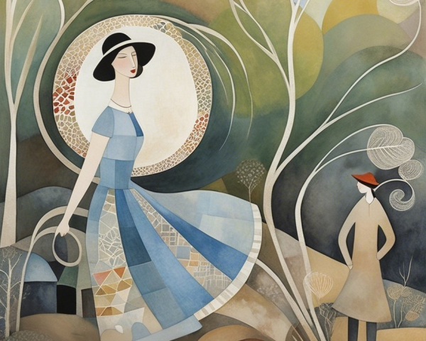Whimsical Abstract Scene of a Woman in Blue Dress