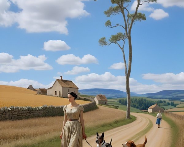 Countryside Scene with Woman Walking Dogs and Cottages