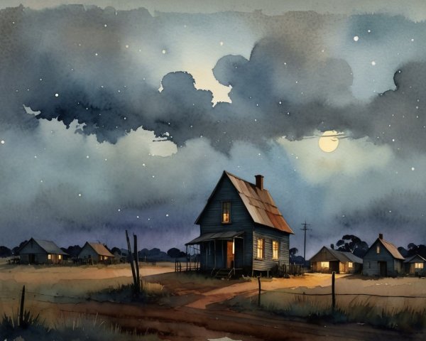 Moonlit Landscape with Weathered House and Fields