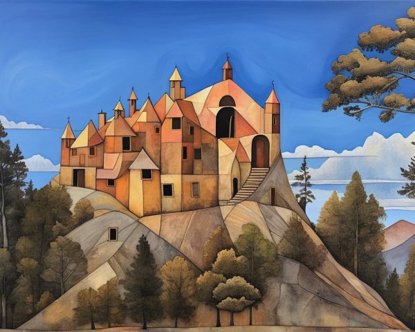 Whimsical Castle on Rocky Hill with Stylized Trees