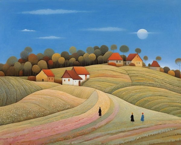 Serene countryside landscape with colorful fields and hills