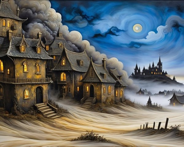 Mysterious Landscape with Dark Houses and Fog