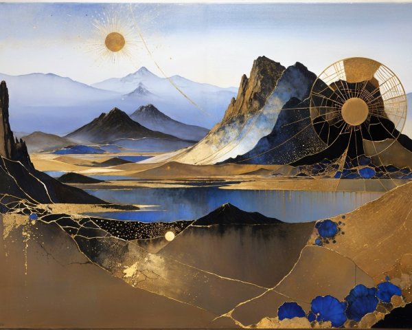 Abstract Landscape with Mountains and Serene Lakes