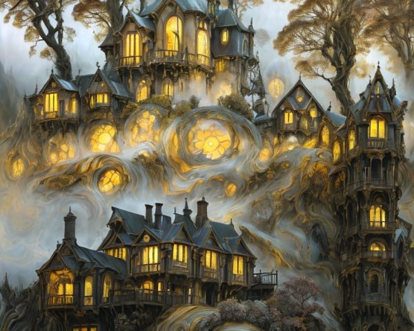 Whimsical Landscape with Intricate Mansions and Trees